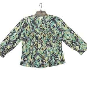 Charter Club Tribal Print Linen Button Up Blazer Shirt Jacket Blue White Women M